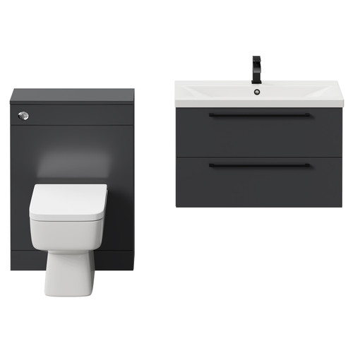 Napoli Cento 390 Gloss Grey 1400mm Wall Mounted Vanity Unit Toilet Suite with 1 Tap Hole Basin and 2 Drawers with Matt Black Handles Front View