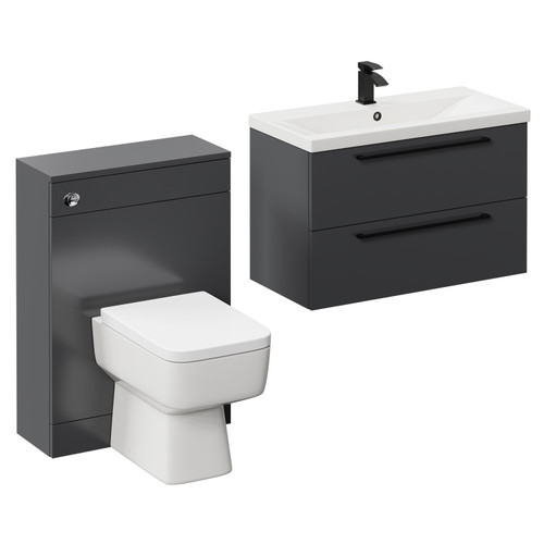 Napoli Cento 390 Gloss Grey 1400mm Wall Mounted Vanity Unit Toilet Suite with 1 Tap Hole Basin and 2 Drawers with Matt Black Handles Left Hand View