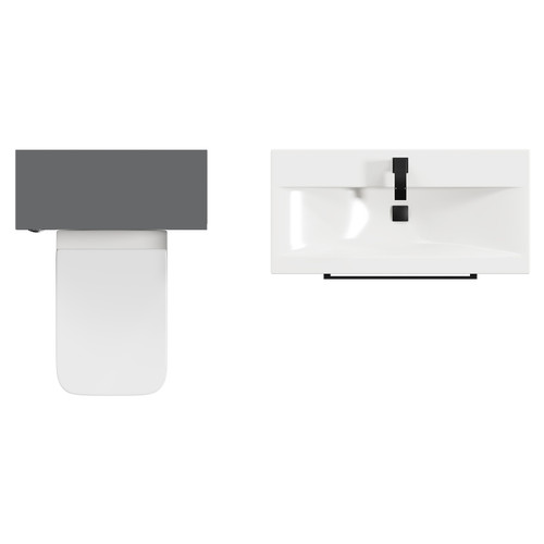 Napoli Cento 390 Gloss Grey 1400mm Wall Mounted Vanity Unit Toilet Suite with 1 Tap Hole Basin and 2 Drawers with Matt Black Handles Top Down View