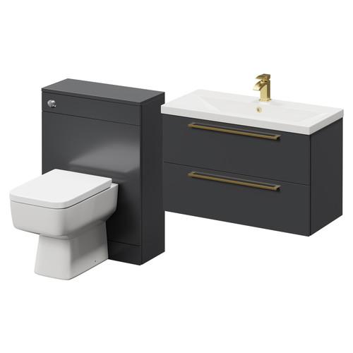 Napoli Cento 390 Gloss Grey 1400mm Wall Mounted Vanity Unit Toilet Suite with 1 Tap Hole Basin and 2 Drawers with Brushed Brass Handles Right Hand View