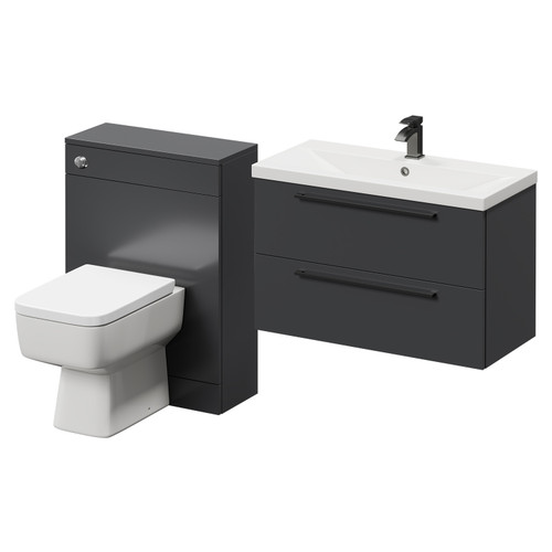 Napoli Cento 390 Gloss Grey 1400mm Wall Mounted Vanity Unit Toilet Suite with 1 Tap Hole Basin and 2 Drawers with Gunmetal Grey Handles Right Hand View