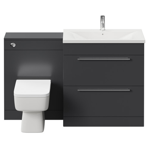Napoli Cento Gloss Grey 1400mm Vanity Unit Toilet Suite with 1 Tap Hole Basin and 2 Drawers with Polished Chrome Handles Front View