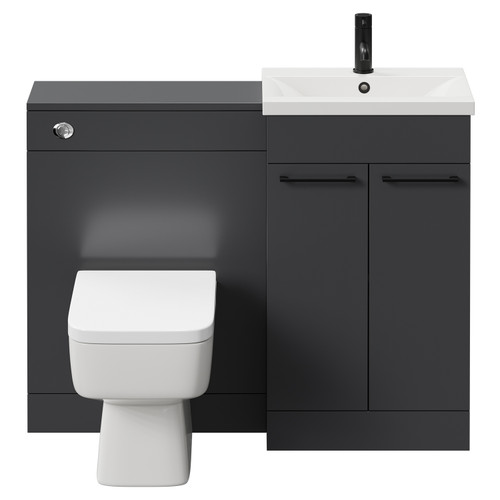 Napoli Cento Gloss Grey 1100mm Vanity Unit Toilet Suite with 1 Tap Hole Basin and 2 Doors with Matt Black Handles Front View