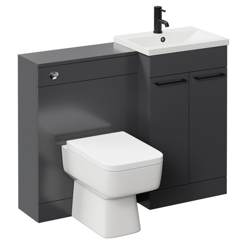 Napoli Cento Gloss Grey 1100mm Vanity Unit Toilet Suite with 1 Tap Hole Basin and 2 Doors with Matt Black Handles Left Hand View