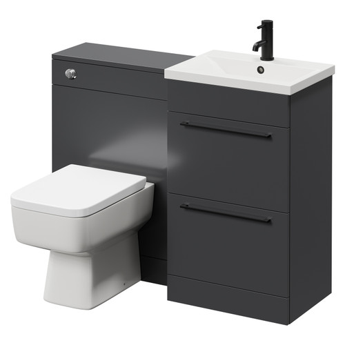 Napoli Cento Gloss Grey 1100mm Vanity Unit Toilet Suite with 1 Tap Hole Basin and 2 Drawers with Matt Black Handles Right Hand View