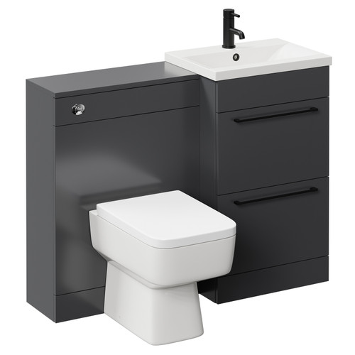 Napoli Cento Gloss Grey 1100mm Vanity Unit Toilet Suite with 1 Tap Hole Basin and 2 Drawers with Matt Black Handles Left Hand View