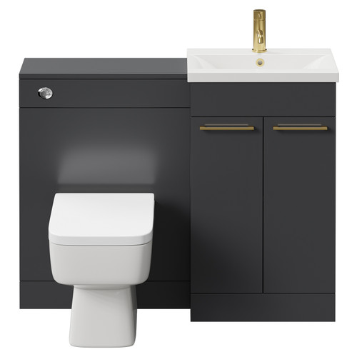 Napoli Cento Gloss Grey 1100mm Vanity Unit Toilet Suite with 1 Tap Hole Basin and 2 Doors with Brushed Brass Handles Front View