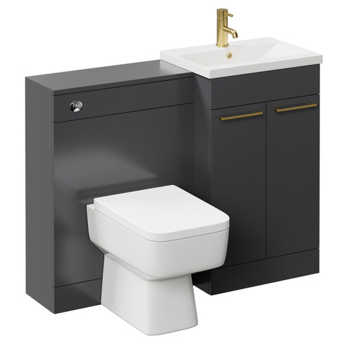 Napoli Cento Gloss Grey 1100mm Vanity Unit Toilet Suite with 1 Tap Hole Basin and 2 Doors with Brushed Brass Handles Left Hand View