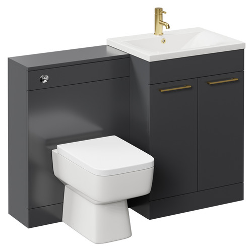 Napoli Cento Gloss Grey 1200mm Vanity Unit Toilet Suite with 1 Tap Hole Basin and 2 Doors with Brushed Brass Handles Left Hand View
