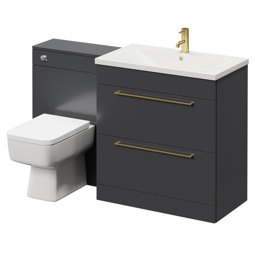 Napoli Cento Gloss Grey 1400mm Vanity Unit Toilet Suite with 1 Tap Hole Basin and 2 Drawers with Brushed Brass Handles Right Hand View