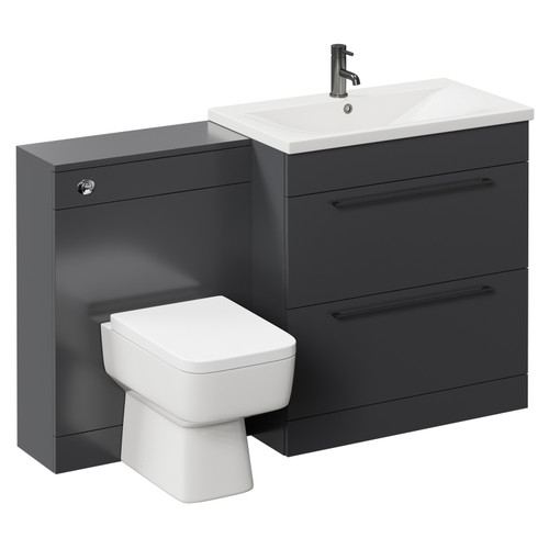 Napoli Cento Gloss Grey 1400mm Vanity Unit Toilet Suite with 1 Tap Hole Basin and 2 Drawers with Gunmetal Grey Handles Left Hand View