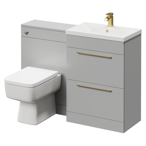 Napoli Cento 390 Gloss Grey Pearl 1200mm Vanity Unit Toilet Suite with 1 Tap Hole Basin and 2 Doors with Brushed Brass Handles Right Hand View