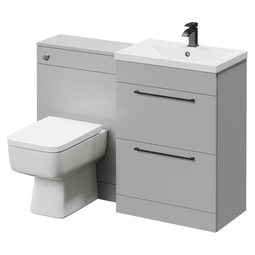 Napoli Cento 390 Gloss Grey Pearl 1200mm Vanity Unit Toilet Suite with 1 Tap Hole Basin and 2 Doors with Gunmetal Grey Handles Right Hand View