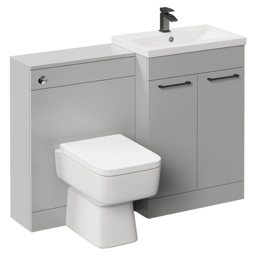 Napoli Cento 390 Gloss Grey Pearl 1200mm Wall Mounted Vanity Unit Toilet Suite with 1 Tap Hole Basin and 2 Drawers with Gunmetal Grey Handles Left Hand View