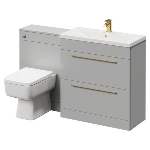 Napoli Cento 390 Gloss Grey Pearl 1400mm Vanity Unit Toilet Suite with 1 Tap Hole Basin and 2 Drawers with Brushed Brass Handles Right Hand View