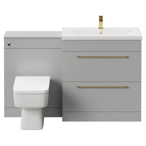 Napoli Cento 390 Gloss Grey Pearl 1400mm Vanity Unit Toilet Suite with 1 Tap Hole Basin and 2 Drawers with Brushed Brass Handles Front View