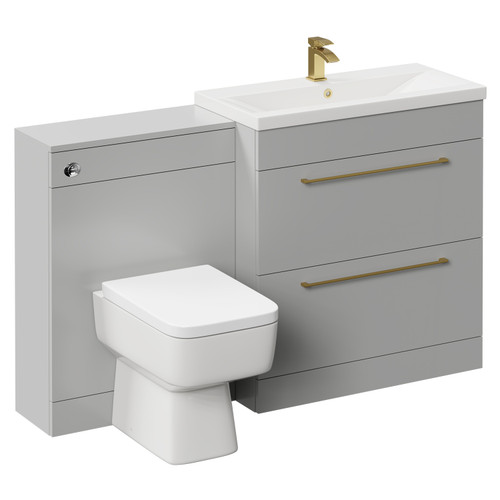 Napoli Cento 390 Gloss Grey Pearl 1400mm Vanity Unit Toilet Suite with 1 Tap Hole Basin and 2 Drawers with Brushed Brass Handles Left Hand View