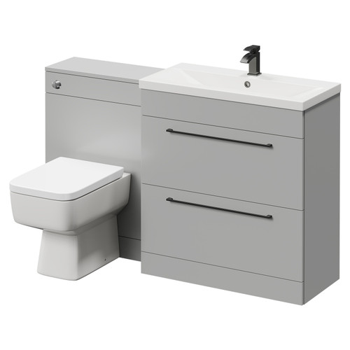 Napoli Cento 390 Gloss Grey Pearl 1400mm Vanity Unit Toilet Suite with 1 Tap Hole Basin and 2 Drawers with Gunmetal Grey Handles Right Hand View