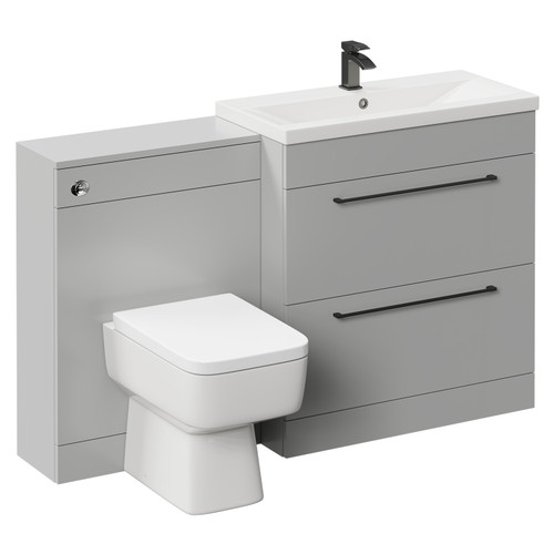 Napoli Cento 390 Gloss Grey Pearl 1400mm Vanity Unit Toilet Suite with 1 Tap Hole Basin and 2 Drawers with Gunmetal Grey Handles Left Hand View