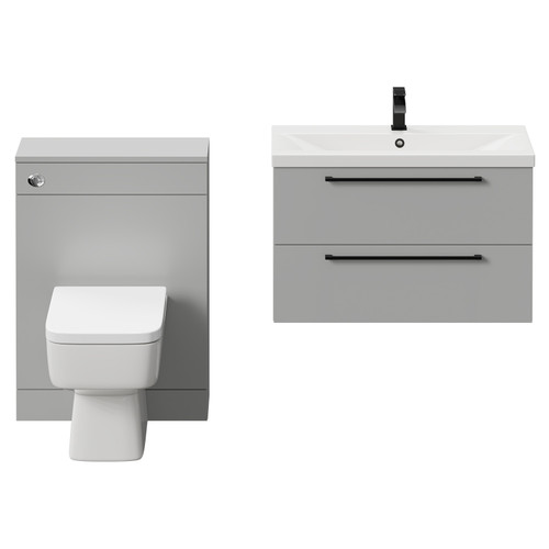 Napoli Cento 390 Gloss Grey Pearl 1400mm Wall Mounted Vanity Unit Toilet Suite with 1 Tap Hole Basin and 2 Drawers with Matt Black Handles Front View