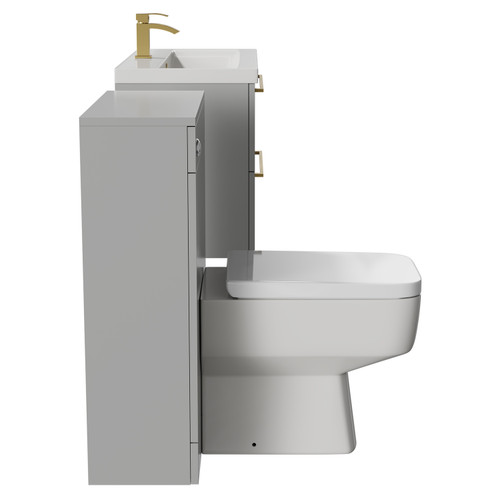 Napoli Cento 390 Gloss Grey Pearl 1400mm Wall Mounted Vanity Unit Toilet Suite with 1 Tap Hole Basin and 2 Drawers with Brushed Brass Handles Side View