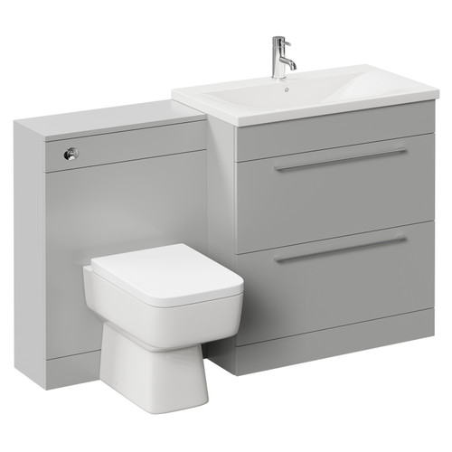 Napoli Cento Gloss Grey Pearl 1400mm Vanity Unit Toilet Suite with 1 Tap Hole Basin and 2 Drawers with Polished Chrome Handles Left Hand View