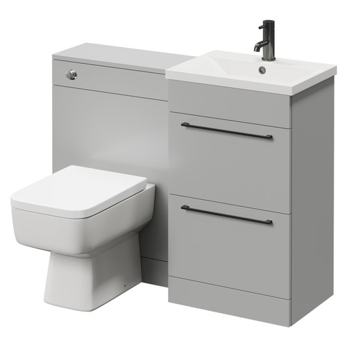 Napoli Cento Gloss Grey Pearl 1100mm Vanity Unit Toilet Suite with 1 Tap Hole Basin and 2 Drawers with Gunmetal Grey Handles Right Hand View