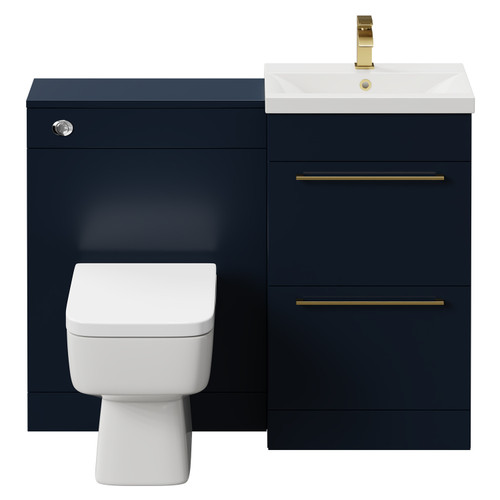Napoli Cento Deep Blue 1100mm Vanity Unit Toilet Suite with 1 Tap Hole Basin and 2 Drawers with Brushed Brass Handles Front View