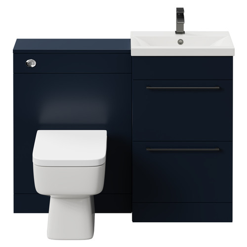 Napoli Cento Deep Blue 1100mm Vanity Unit Toilet Suite with 1 Tap Hole Basin and 2 Drawers with Gunmetal Grey Handles Front View