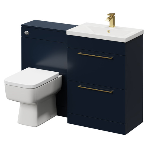 Napoli Cento 390 Deep Blue 1200mm Vanity Unit Toilet Suite with 1 Tap Hole Basin and 2 Doors with Brushed Brass Handles Right Hand View