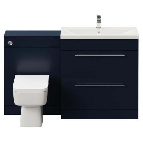Napoli Cento 390 Deep Blue 1400mm Vanity Unit Toilet Suite with 1 Tap Hole Basin and 2 Drawers with Polished Chrome Handles Front View