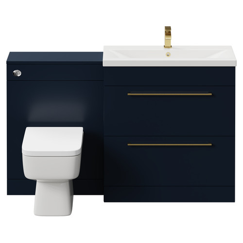 Napoli Cento 390 Deep Blue 1400mm Vanity Unit Toilet Suite with 1 Tap Hole Basin and 2 Drawers with Brushed Brass Handles Front View