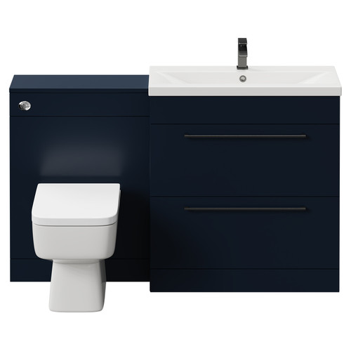 Napoli Cento 390 Deep Blue 1400mm Vanity Unit Toilet Suite with 1 Tap Hole Basin and 2 Drawers with Gunmetal Grey Handles Front View