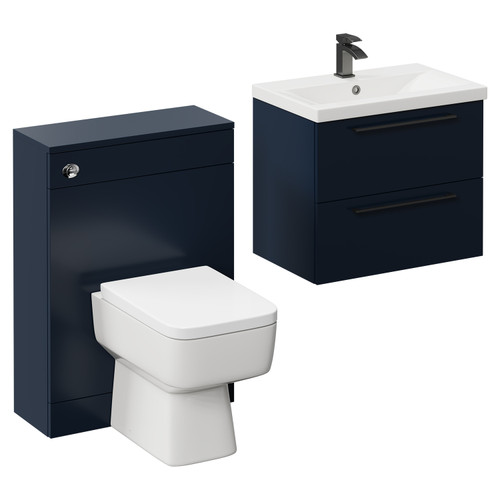 Napoli Cento 390 Deep Blue 1200mm Vanity Unit Toilet Suite with 1 Tap Hole Basin and 2 Drawers with Gunmetal Grey Handles Left Hand View
