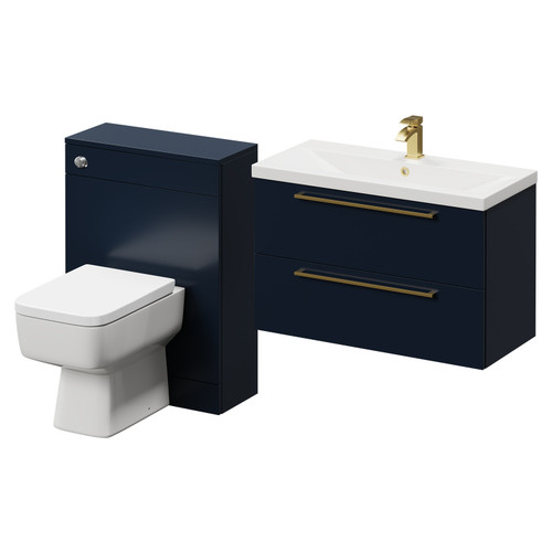 Napoli Cento 390 Deep Blue 1400mm Wall Mounted Vanity Unit Toilet Suite with 1 Tap Hole Basin and 2 Drawers with Brushed Brass Handles Right Hand View