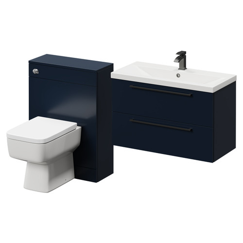 Napoli Cento 390 Deep Blue 1400mm Wall Mounted Vanity Unit Toilet Suite with 1 Tap Hole Basin and 2 Drawers with Gunmetal Grey Handles Right Hand View