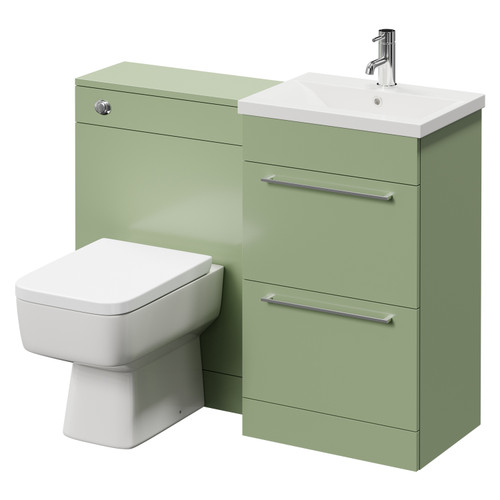 Napoli Cento Olive Green 1100mm Vanity Unit Toilet Suite with 1 Tap Hole Basin and 2 Drawers with Polished Chrome Handles Right Hand View