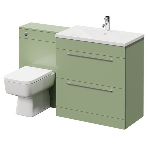 Napoli Cento Olive Green 1400mm Vanity Unit Toilet Suite with 1 Tap Hole Basin and 2 Drawers with Polished Chrome Handles Right Hand View