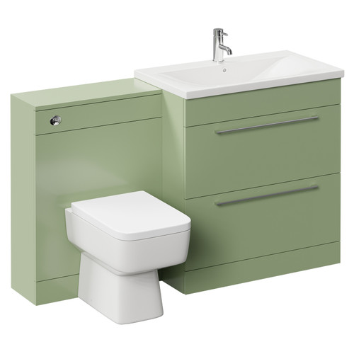 Napoli Cento Olive Green 1400mm Vanity Unit Toilet Suite with 1 Tap Hole Basin and 2 Drawers with Polished Chrome Handles Left Hand View