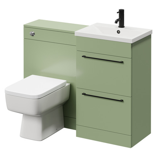 Napoli Cento Olive Green 1100mm Vanity Unit Toilet Suite with 1 Tap Hole Basin and 2 Drawers with Matt Black Handles Right Hand View