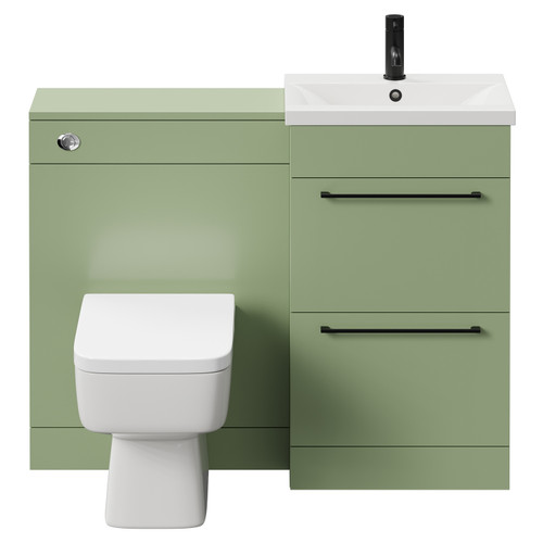 Napoli Cento Olive Green 1100mm Vanity Unit Toilet Suite with 1 Tap Hole Basin and 2 Drawers with Matt Black Handles Front View