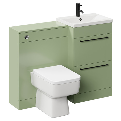 Napoli Cento Olive Green 1100mm Vanity Unit Toilet Suite with 1 Tap Hole Basin and 2 Drawers with Matt Black Handles Left Hand View