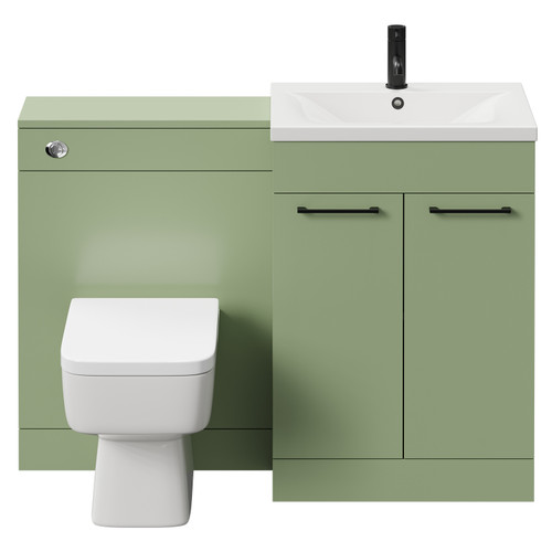 Napoli Cento Olive Green 1200mm Vanity Unit Toilet Suite with 1 Tap Hole Basin and 2 Doors with Matt Black Handles Front View