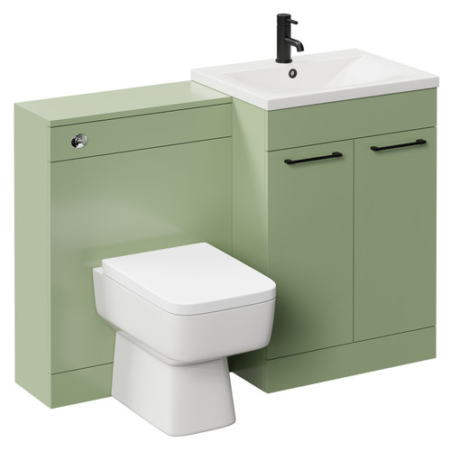 Napoli Cento Olive Green 1200mm Vanity Unit Toilet Suite with 1 Tap Hole Basin and 2 Doors with Matt Black Handles Left Hand View