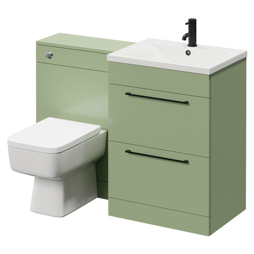 Napoli Cento Olive Green 1200mm Vanity Unit Toilet Suite with 1 Tap Hole Basin and 2 Drawers with Matt Black Handles Right Hand View