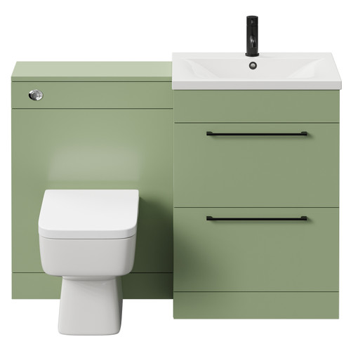 Napoli Cento Olive Green 1200mm Vanity Unit Toilet Suite with 1 Tap Hole Basin and 2 Drawers with Matt Black Handles Front View