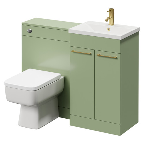 Napoli Cento Olive Green 1100mm Vanity Unit Toilet Suite with 1 Tap Hole Basin and 2 Doors with Brushed Brass Handles Right Hand View
