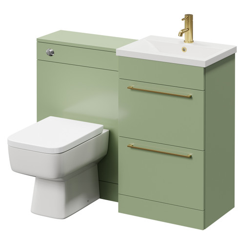 Napoli Cento Olive Green 1100mm Vanity Unit Toilet Suite with 1 Tap Hole Basin and 2 Drawers with Brushed Brass Handles Right Hand View