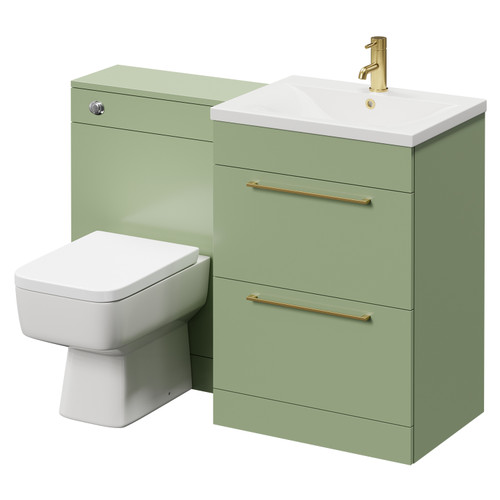 Napoli Cento Olive Green 1200mm Vanity Unit Toilet Suite with 1 Tap Hole Basin and 2 Drawers with Brushed Brass Handles Right Hand View