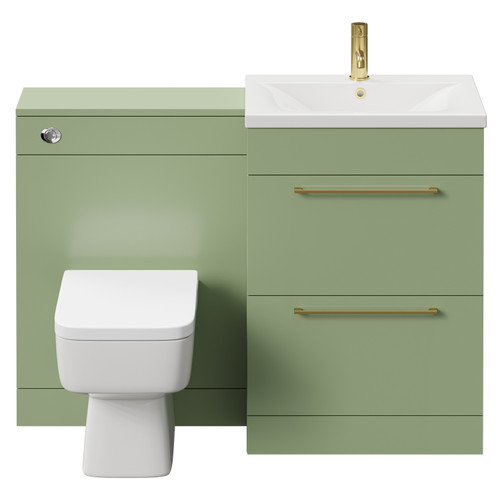 Napoli Cento Olive Green 1200mm Vanity Unit Toilet Suite with 1 Tap Hole Basin and 2 Drawers with Brushed Brass Handles Front View